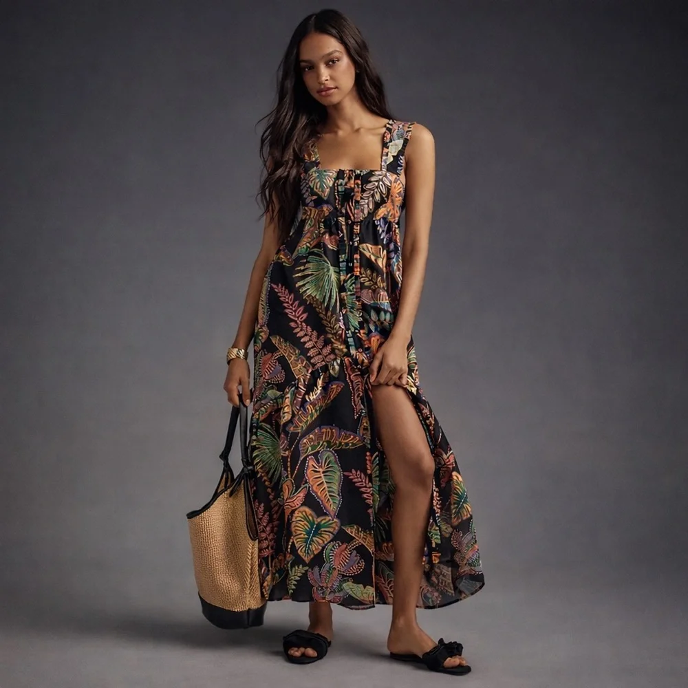 Farm Rio Cool Foliage Black Sleeveless Maxi Dress/Size XXS - Picture 2 of 9